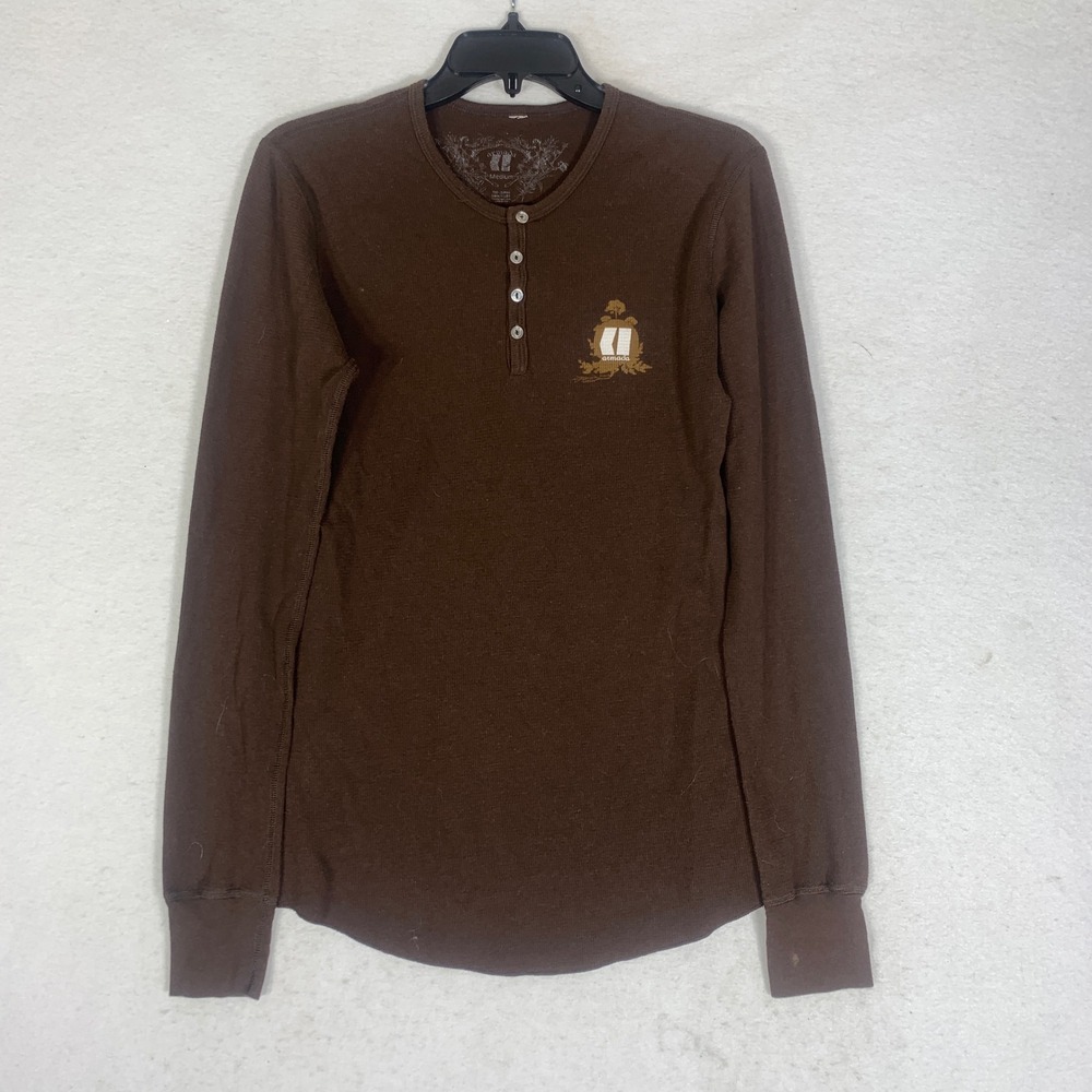 Armada Brown Thermal Long Sleeve Henley Shirt Crest‎ Logo Women's Medium Cotton